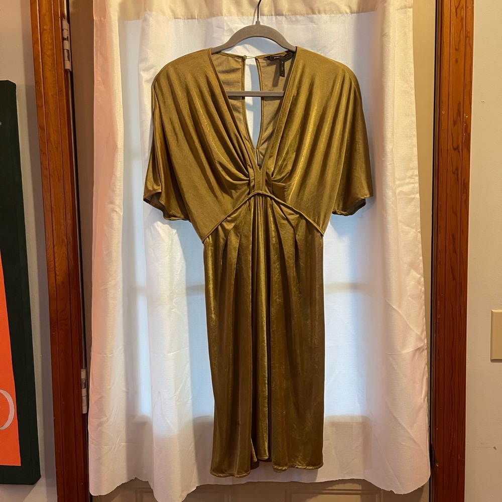 BCBGMaxAzria Olive Green Satin V-Neck Dress